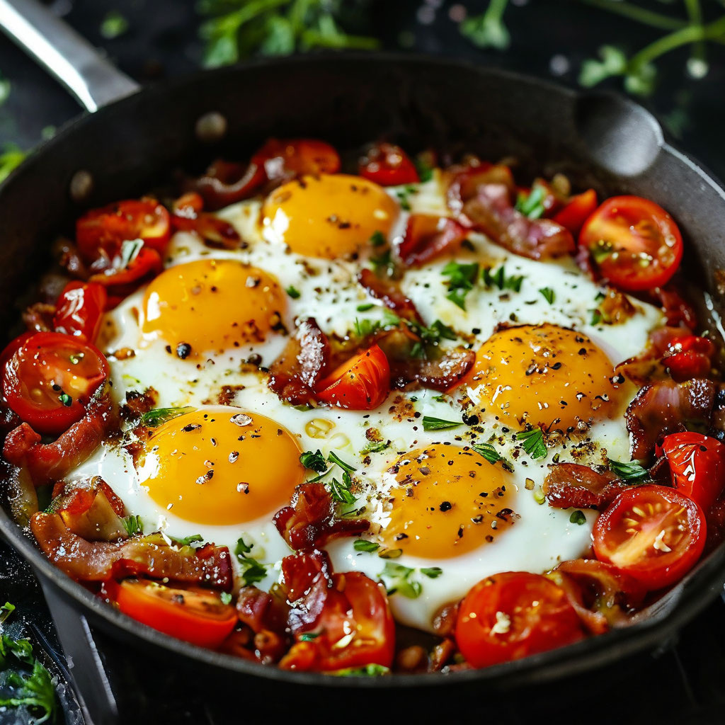 Яичница с беконом и помидорами на сковороде