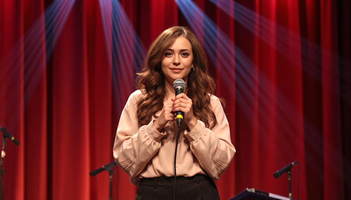 Девушка стоит на сцене.