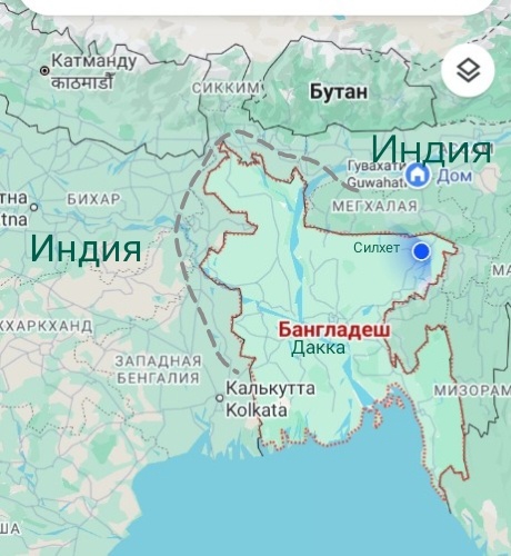 Штриховкой я показала традиционный маршрут поезда из восточной Индии в Калькутту.