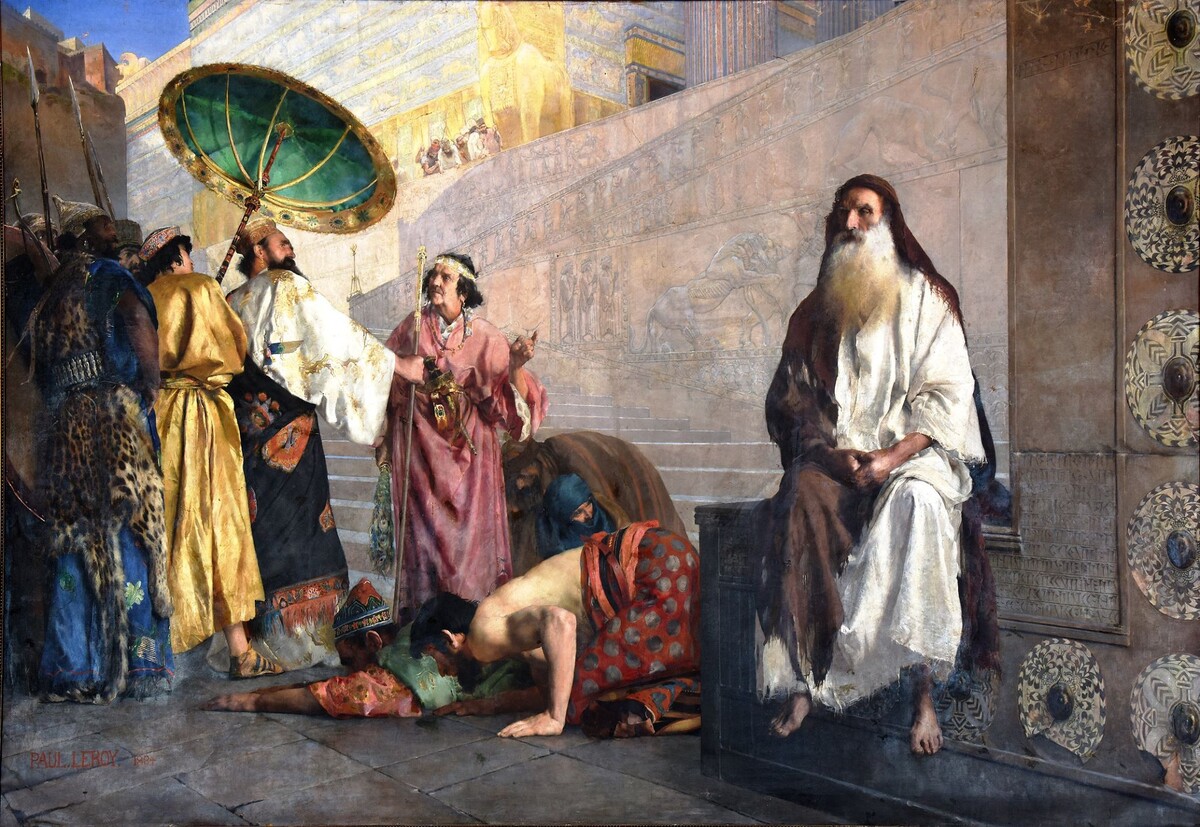 Картина Поля Леруа «Аман и Мардохей». Вельможа (слева) издал указ, чтобы при его появлении все падали ниц, а Мардохей (справа) отказался это делать.