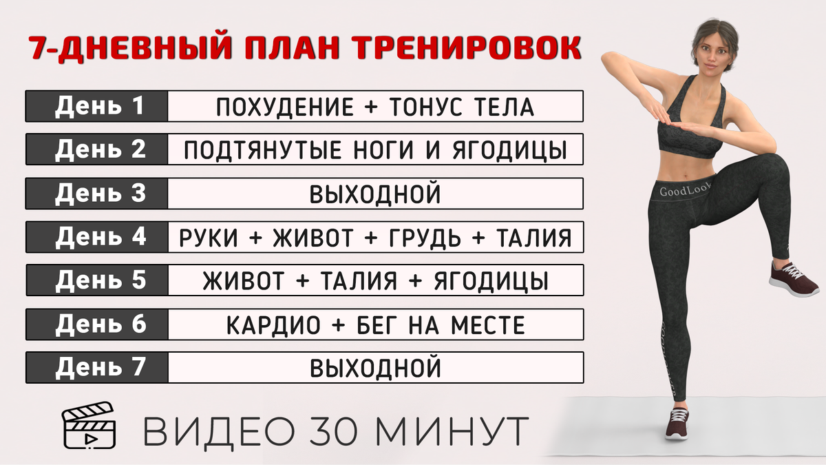 4 комплексные видео-тренировки для похудения и тонуса тела + готовый план  на неделю (30 мин) | Фитнес с GoodLooker | Дзен