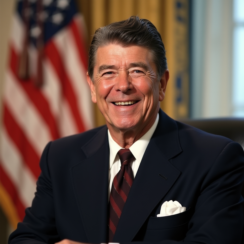 Портрет Рейгана в Белом доме на фоне флага.