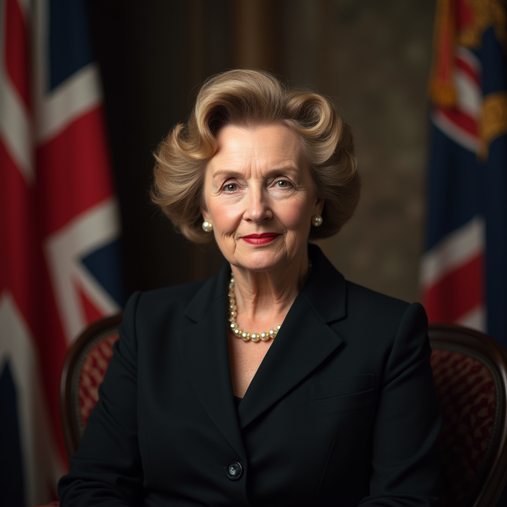 Портрет Маргарет Тэтчер в классическом стиле, подчеркивающий её силу и решимость.
