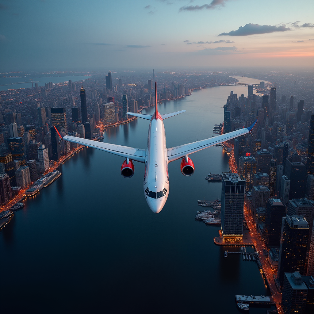 Самолет на фоне Нью-Йорка, направляющийся к реке Гудзон.