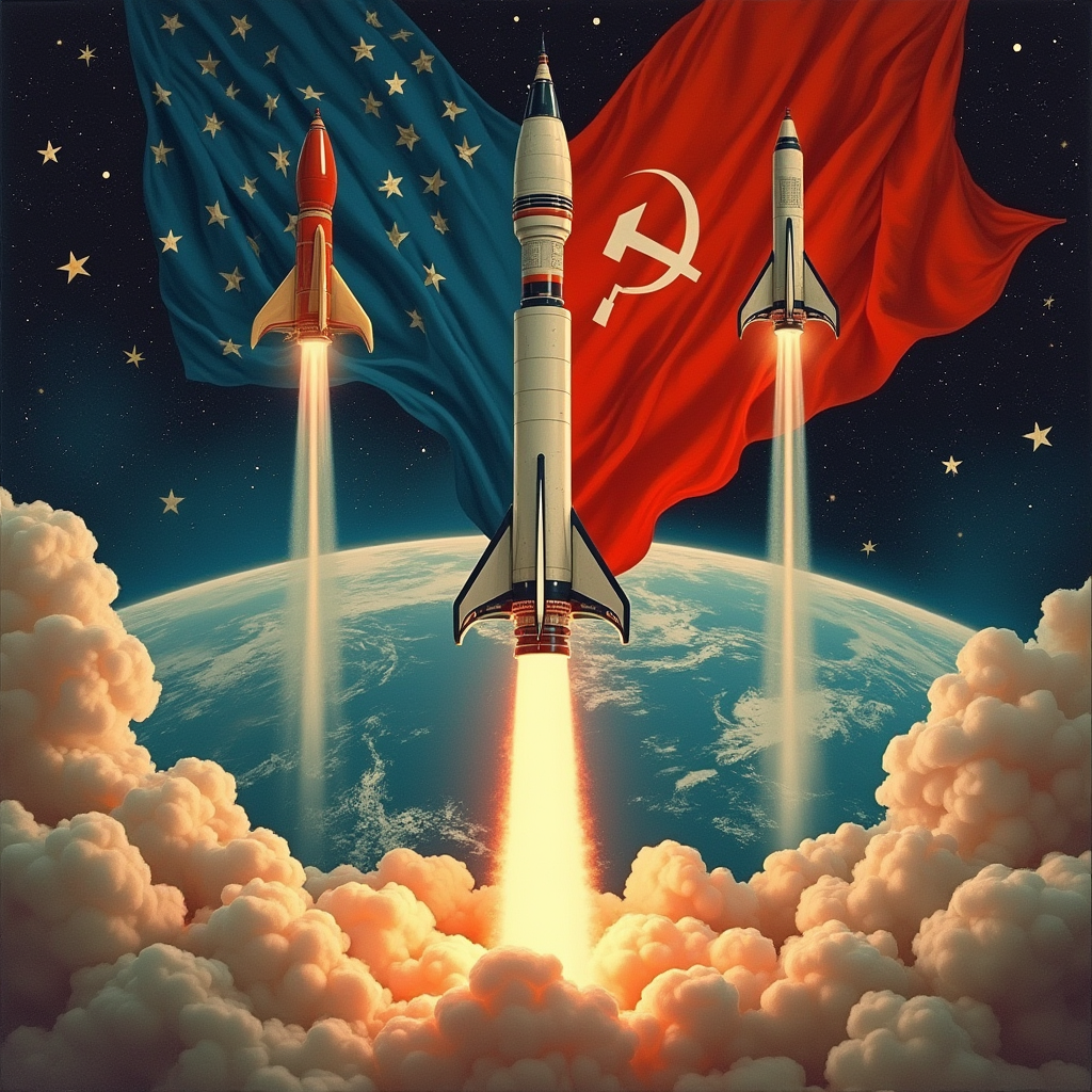 Символическое изображение космической гонки между США и СССР.