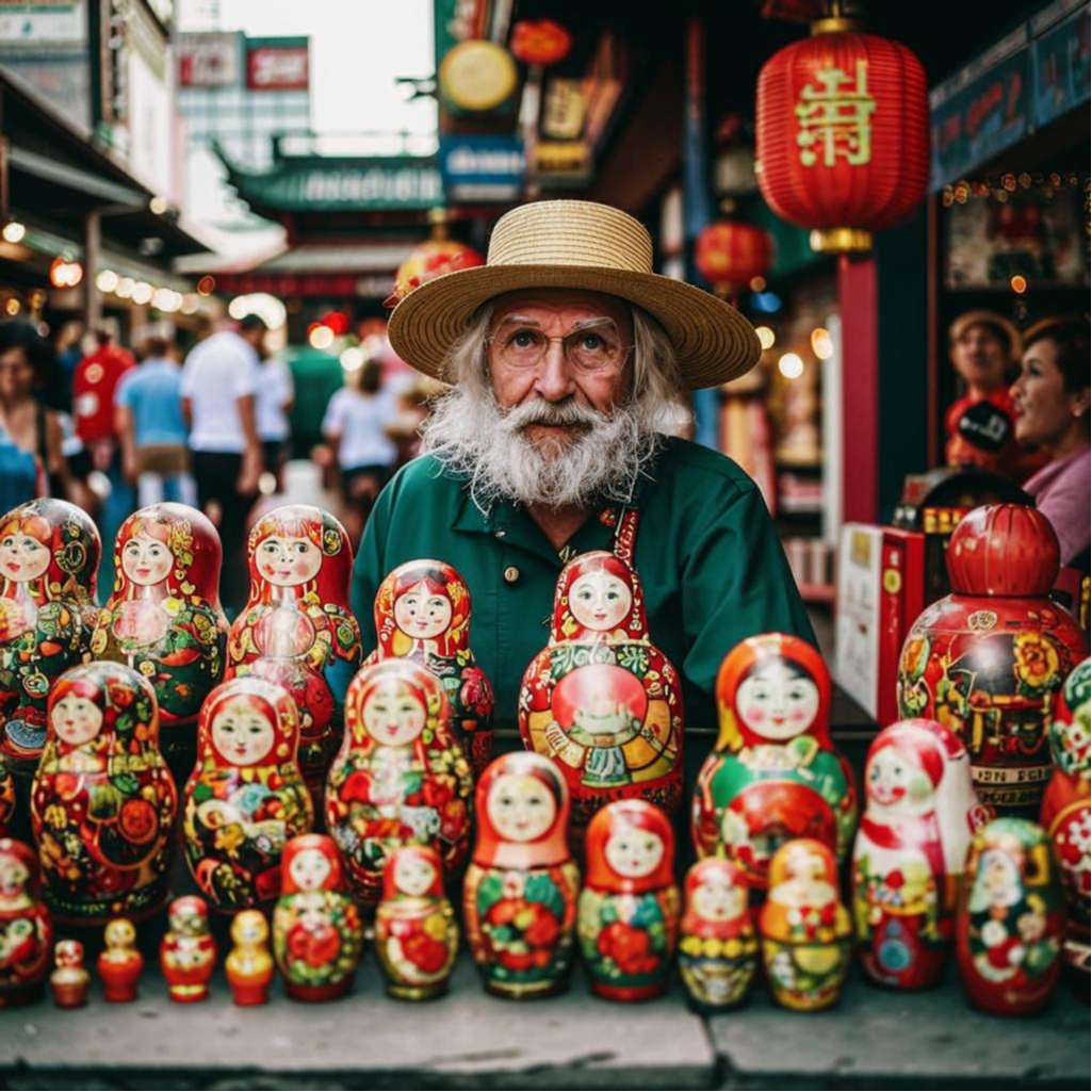 ИИ-картинка, дед торгует матрешками