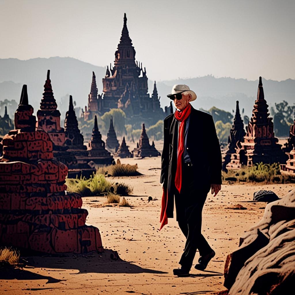 ИИ-картинка, активный пенсионер гуляет по Багану в Мьянме