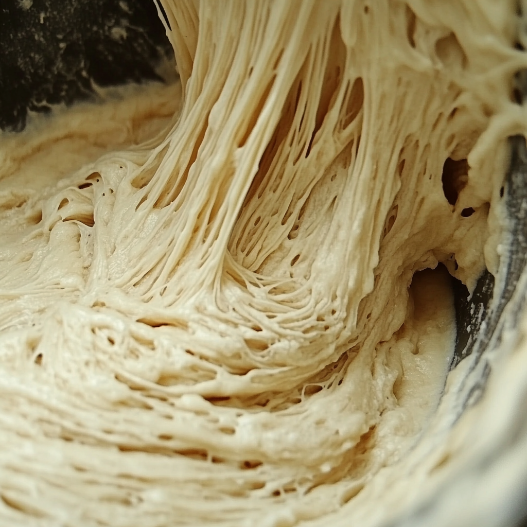 А вот эти нити глютена в тесте. Видели такое?