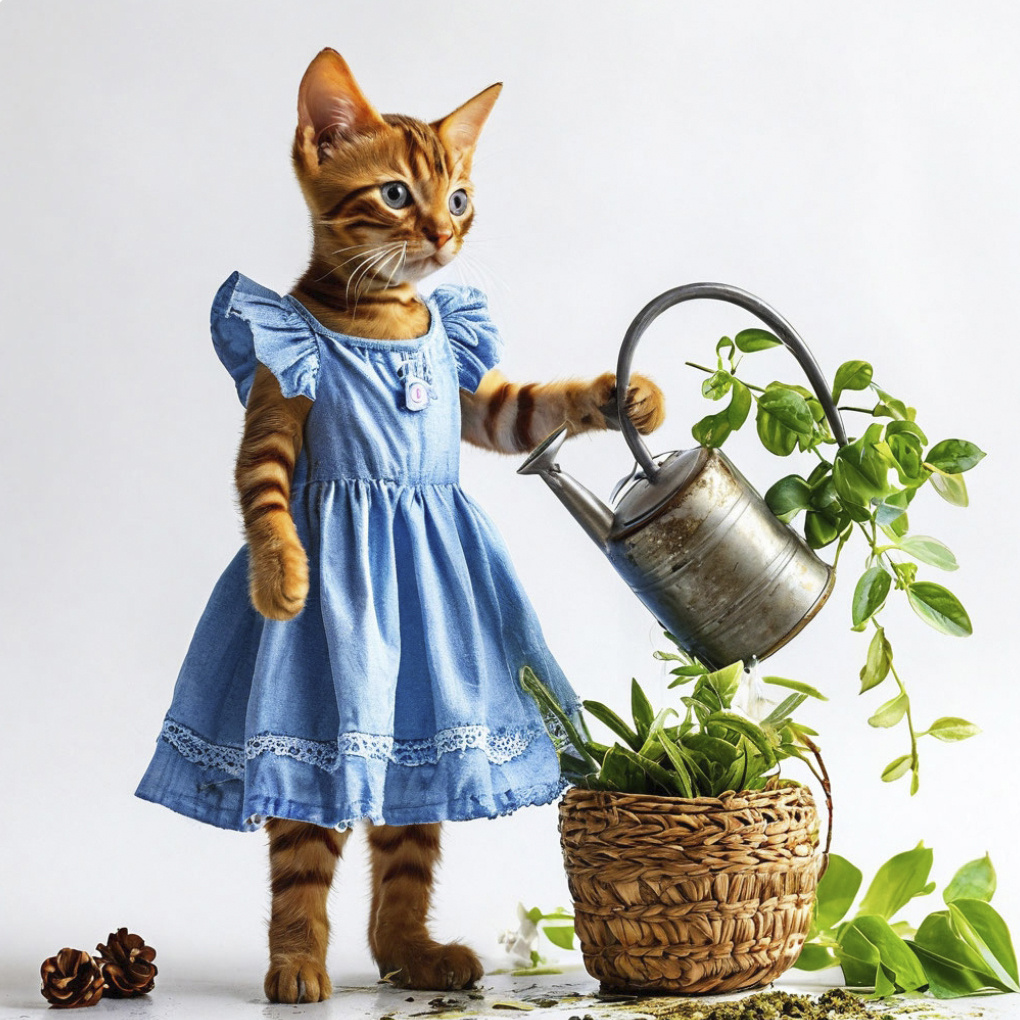 Кошка в милом джинсовом сарафане  и лейка нестандартной модели