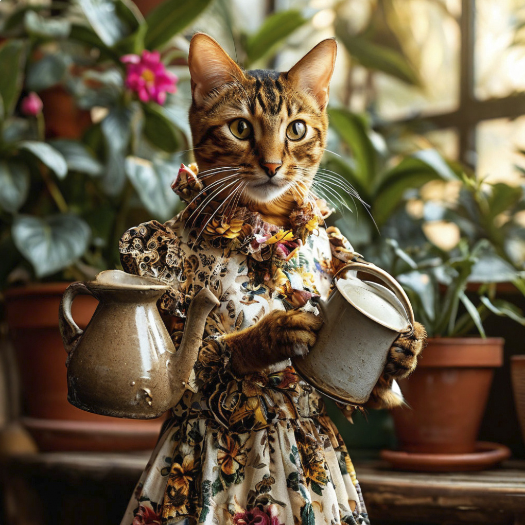 Вот так по мнению "Шедеврума" выглядят красивые кошки в красивых платьях. Лейка, похожая на чайник, живет своей жизнью