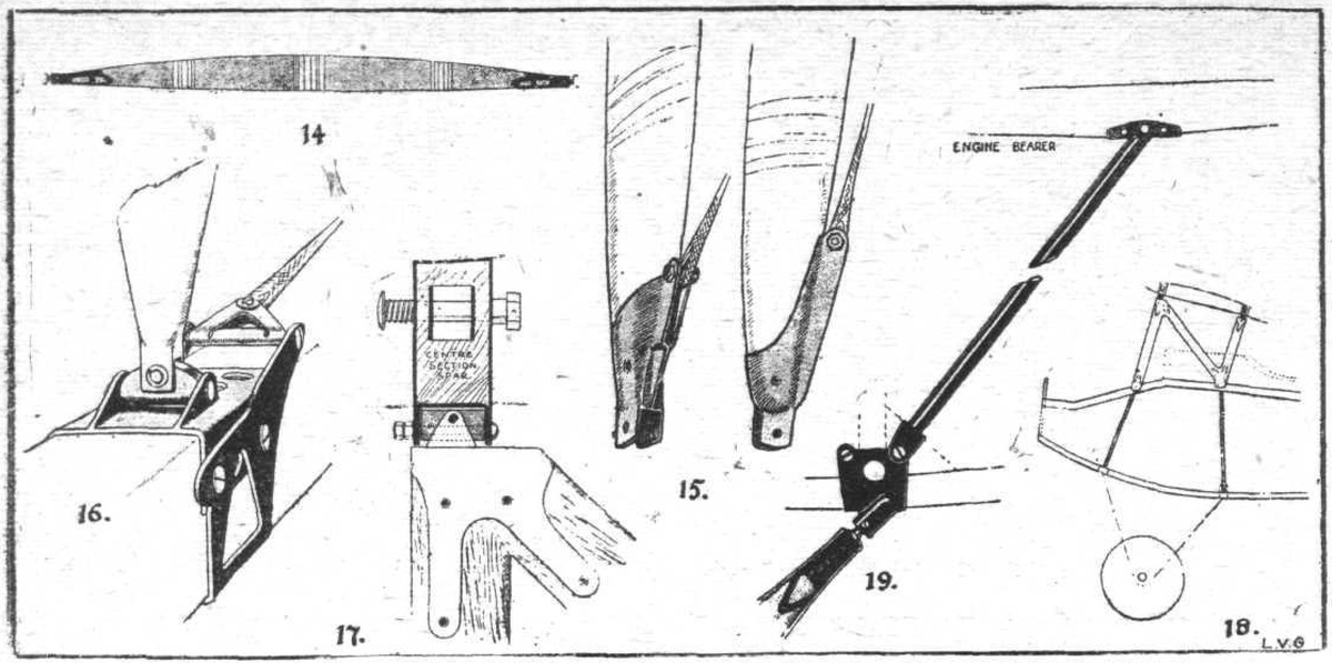  Некоторые конструктивные элементы машин компании L.V.G.: 14) межкрыльевая стойка самолета C.V; 15) гнездо межплоскостной стойки C.VI; 16) крепление стойки к лонжерону; 17) крепление центропланной стойки к лонжерону самолета C.VI; 18) центропланные стойки и шпангоуты самолета C.VI; 19) трубчатая расчалка между задней стойкой шасси и моторной рамой самолета C.V
