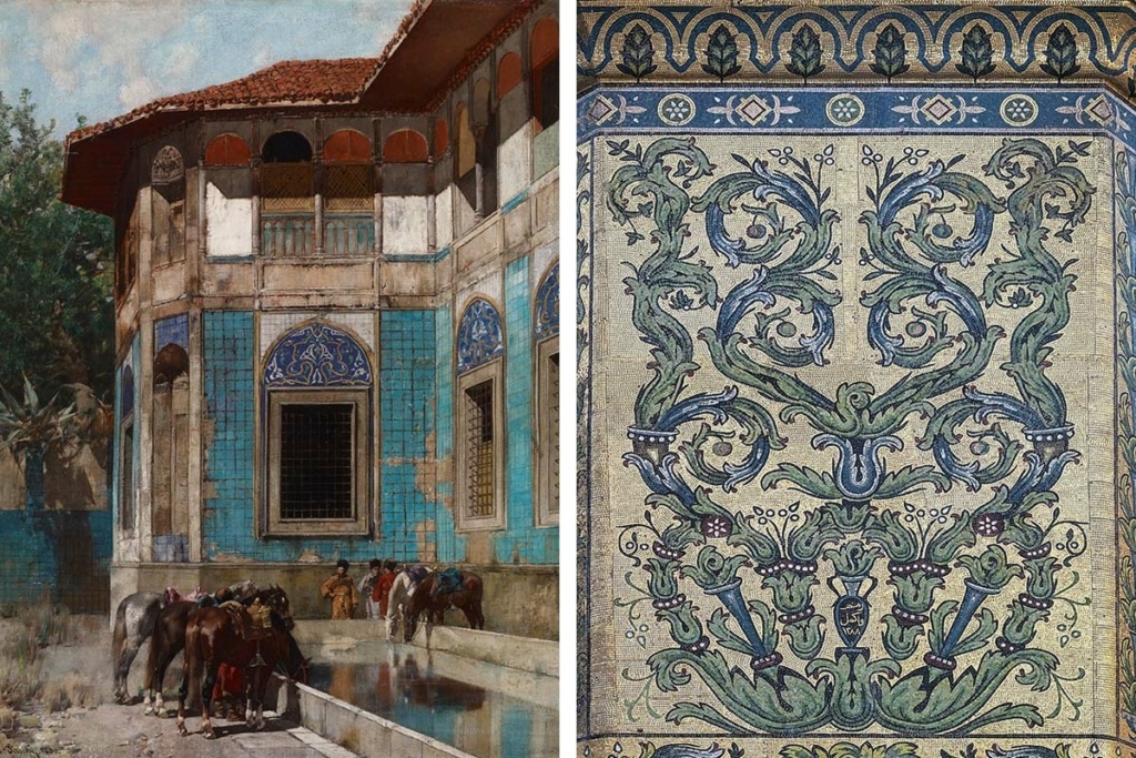 Слева – «Дамаск», картина Альберто Пасини, 1880. Художественный музей Уолтерса, Балтимор, США. Справа – фрагмент мозаики мечети Омейядов в Дамаске, VIII век. Фото: pngtree.com