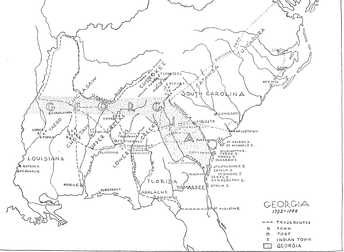 Территория, на которую претендовала по королевской хартии Джорджия, заштрихована серым цветом
