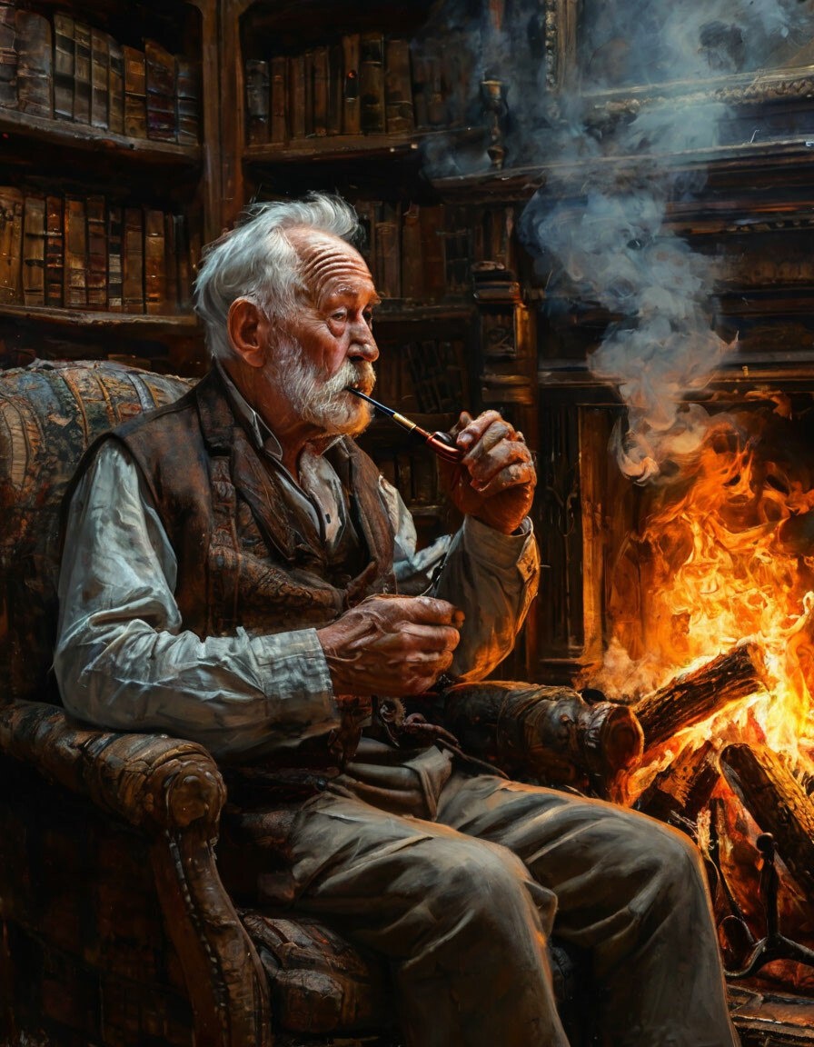 Пожилой мужчина в старинном английском интерьере