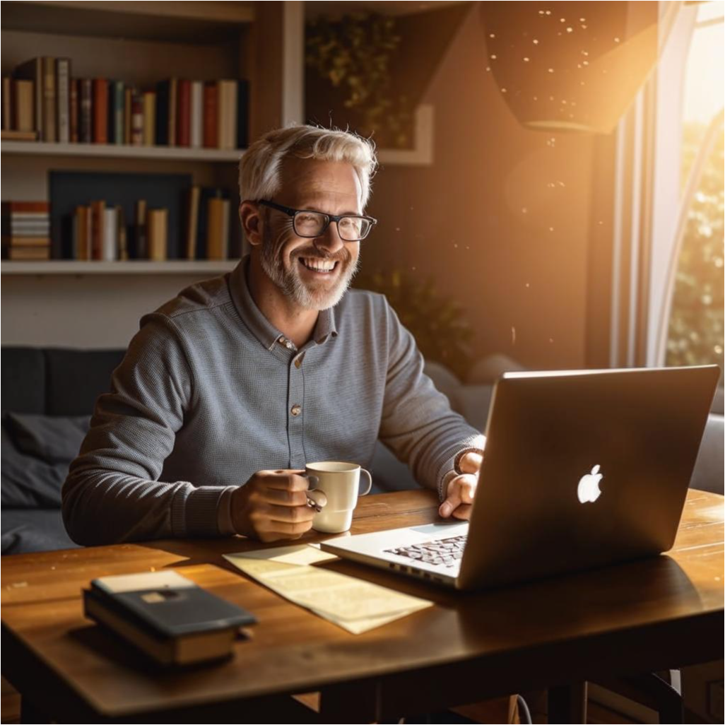Человек среднего возраста, успешно учится на онлайн курсе. Он сидит за столом с ноутбуком, книги и чашкой кофе. 