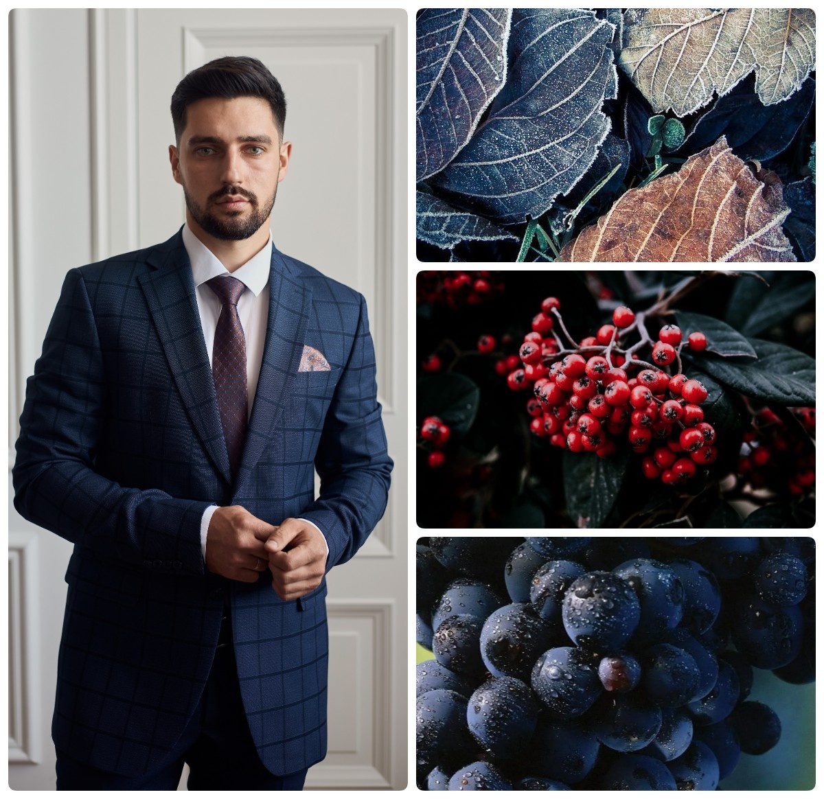 Глубокие цветовые сочетания поздней осени в бордовых, красных, темно-синих оттенках удачно гармонируют и создают дорогой, строгий образ. Артикул костюма на сайте k-maz-005744