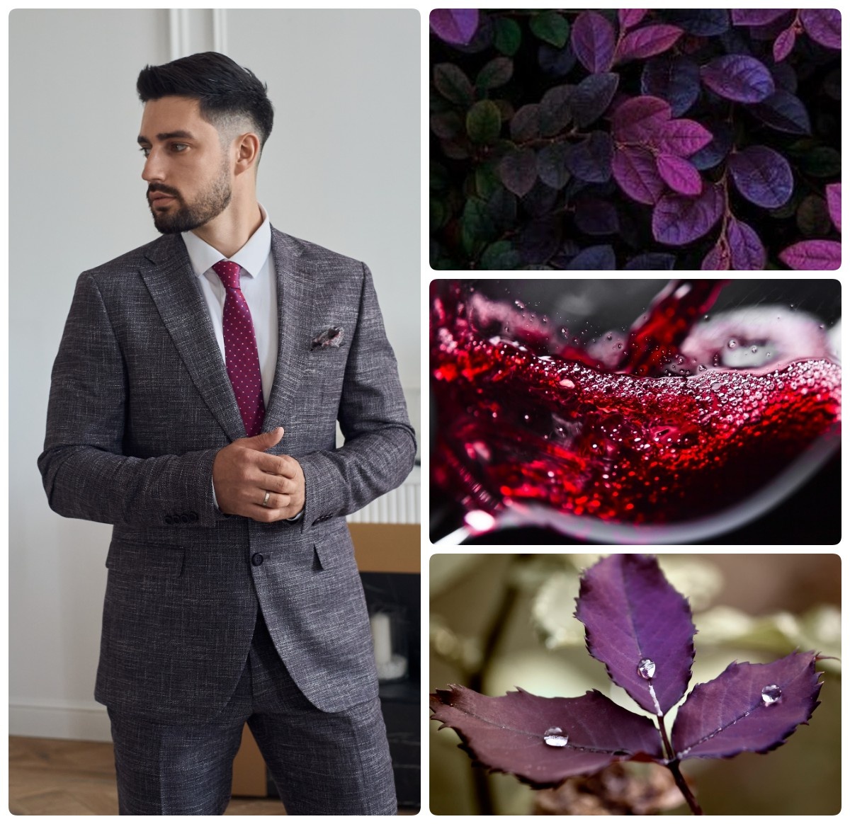 Благородное сочетание серых и фиолетовых оттенков, делает этот костюм идеальным вариантом для официальных встреч и торжественных мероприятий. Если вы любите внимание к своей персоне, смело носите его в повседневные дни, ведь костюм выглядит великолепно. 