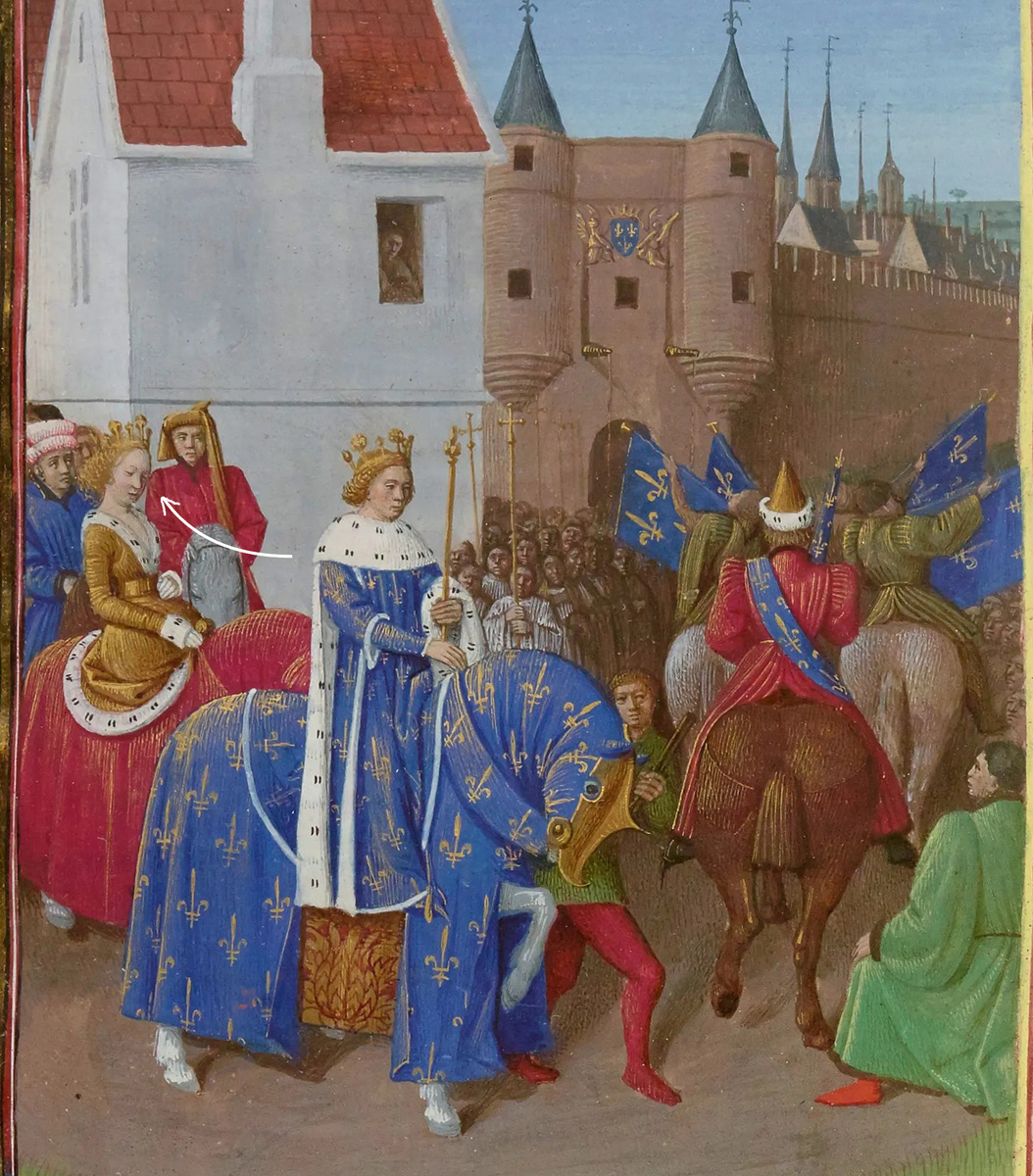 Французский король Иоанн II и его жена Жанна Овернская. Обратите внимание на наряд королевы: рисунок этот относится ко второй половине XV века. Художник: Jean Fouquet