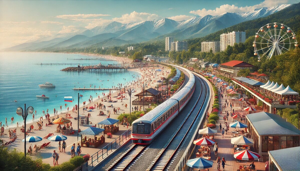 Курортное Лазаревское с его главной пляжной зоной, где вдоль побережья проходит живописная железная дорога. Видны отдыхающие на пляже, а также кафе и зоны развлечений, расположенные рядом с морем и горами на заднем плане. Атмосфера идеально передает энергичный и расслабляющий настрой курорта.