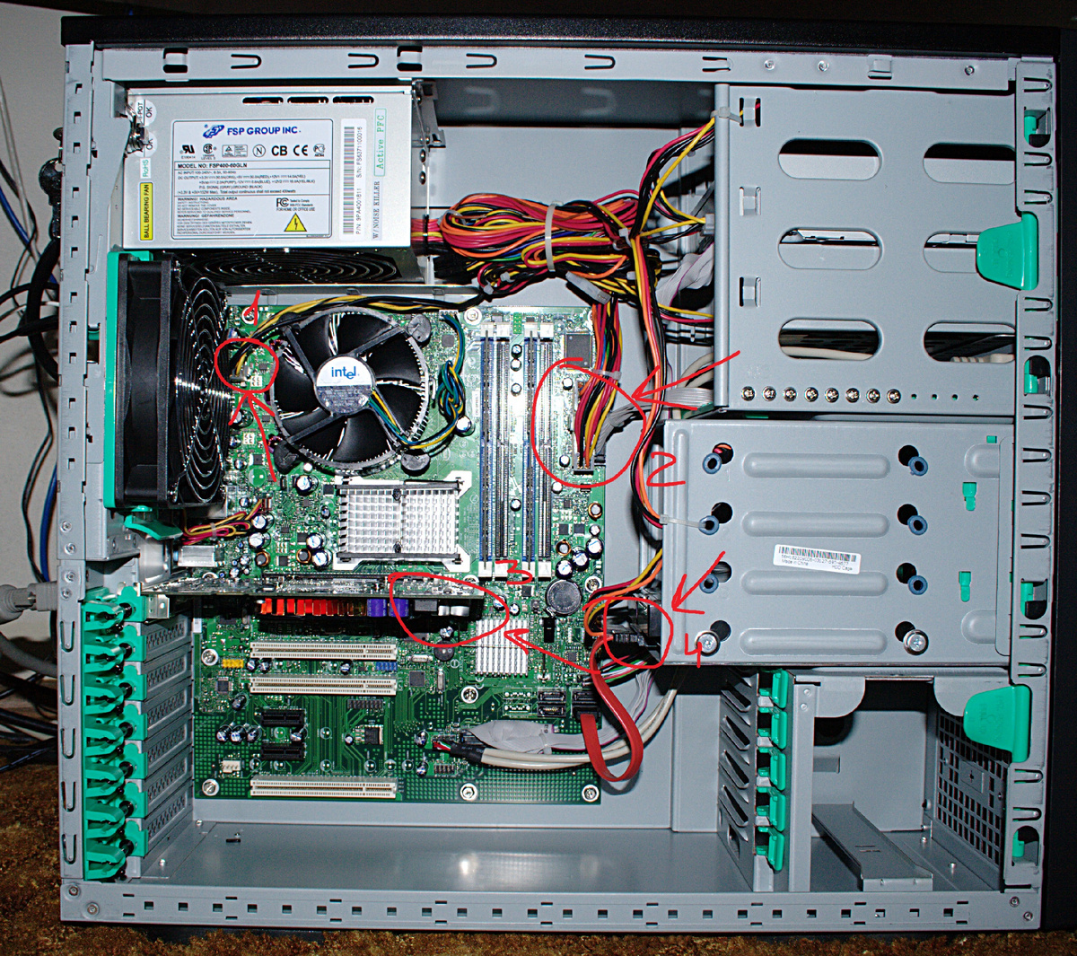 1 - кабель питания процессора;
2 - кабель питания материнской платы;
3 - на фото нет, но вообще там 8-Pin питание видеокарты;
4 - подключение диска (если он не M2) - проверяем подключение питания и SATA-кабеля.
Фото из открытых источников