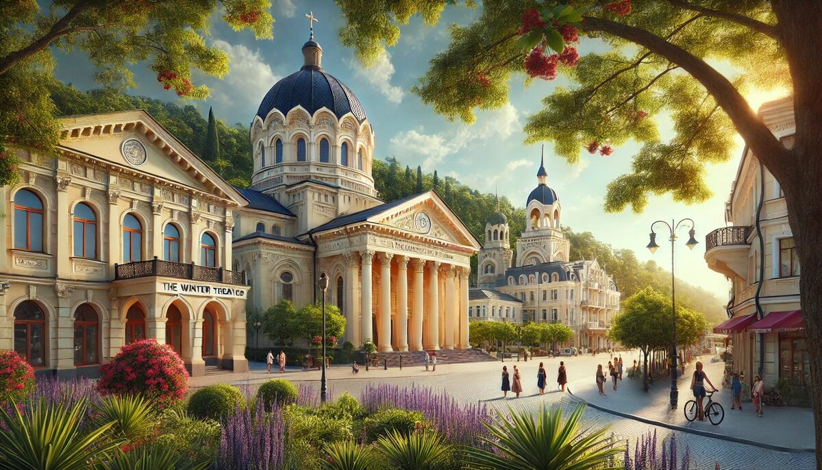 Изображение демонстрирует Собор Архангела Михаила и Зимний театр в Центральном районе Сочи. На фото показана красивая архитектура собора и театра, окружённые зеленью и цветами, создавая атмосферу культурного и исторического центра города.