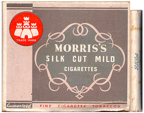 "Morris's" Silk Cut Mild. Великобритания, 1950-е годы. 20 штук в выдвижной коробке. Производитель: "B. Morris & Sons Ltd.", Лондон, владелец торговой марки: "B. Morris & Sons Ltd.".