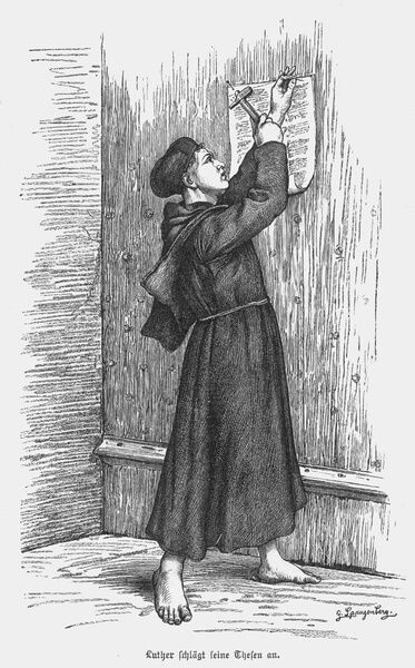 Вот распространенная иллюстрация к легенде. Меня тут смущает, что Лютер босой. Понятно, что монаху предписывается спартанский образ жизни, но Лютер-то на тот момент был уже доктором богословия. Да и октябрь уж на дворе... Другие художники хоть в сандалиях его изображают.