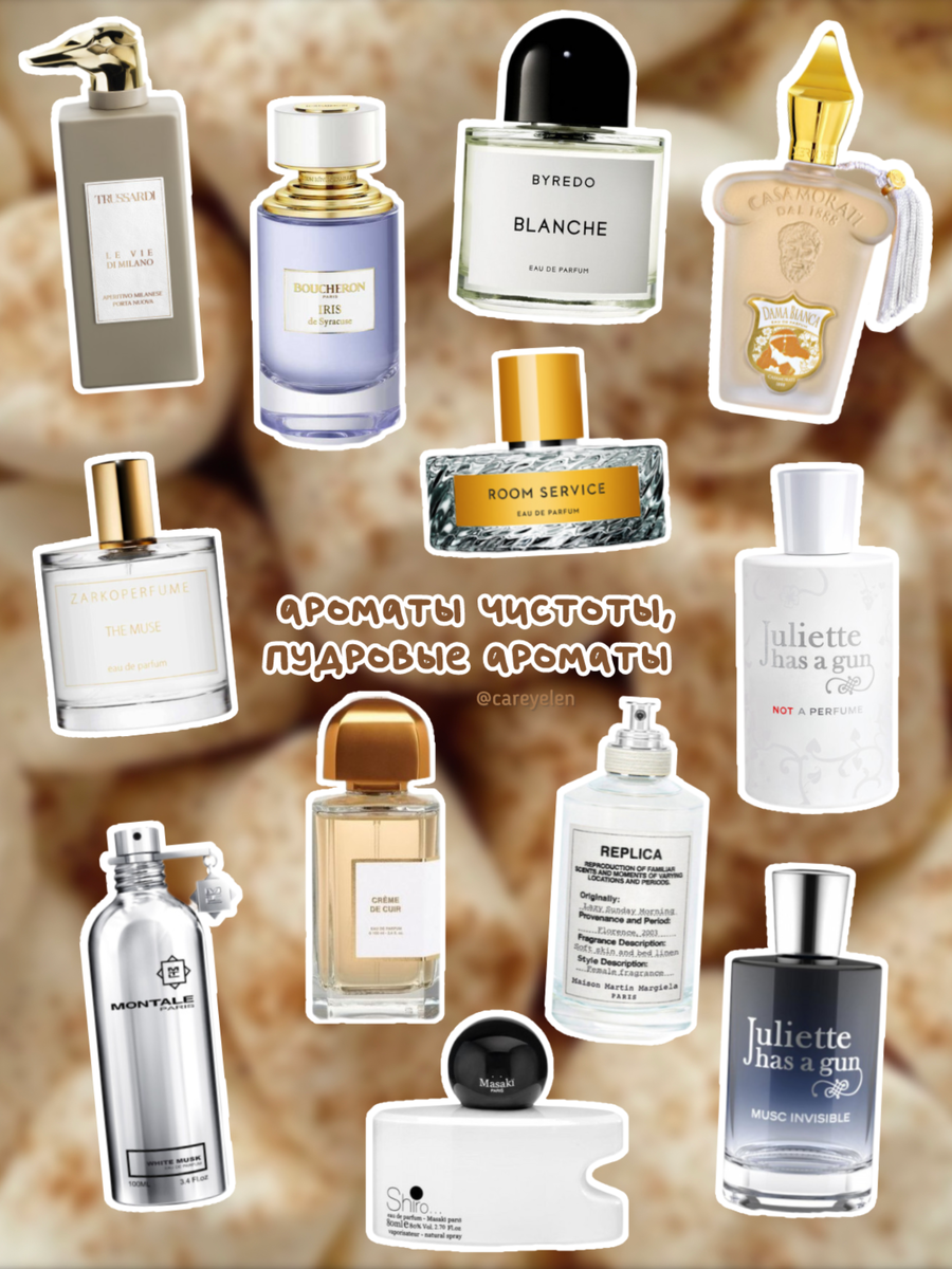 Aperitivo Milanese Porta Nuova Trussardi - легкая пудра с нотками ванили и миндаля; Iris de Syracuse Boucheron - чистота в перемешку с легкими цветами;  Blanche Byredo - классический нежный мягкий аромат частоты; Room Service Vilhelm Parfumerie - пудровый чистый аромат как в дорогом номере отеля; Dama Bianca Xerjoff - ванильная мягкая нежная пудра; Not A Perfume Juliette Has A Gun - частота и свежесть, которая пахнет для каждого по-особенному. 