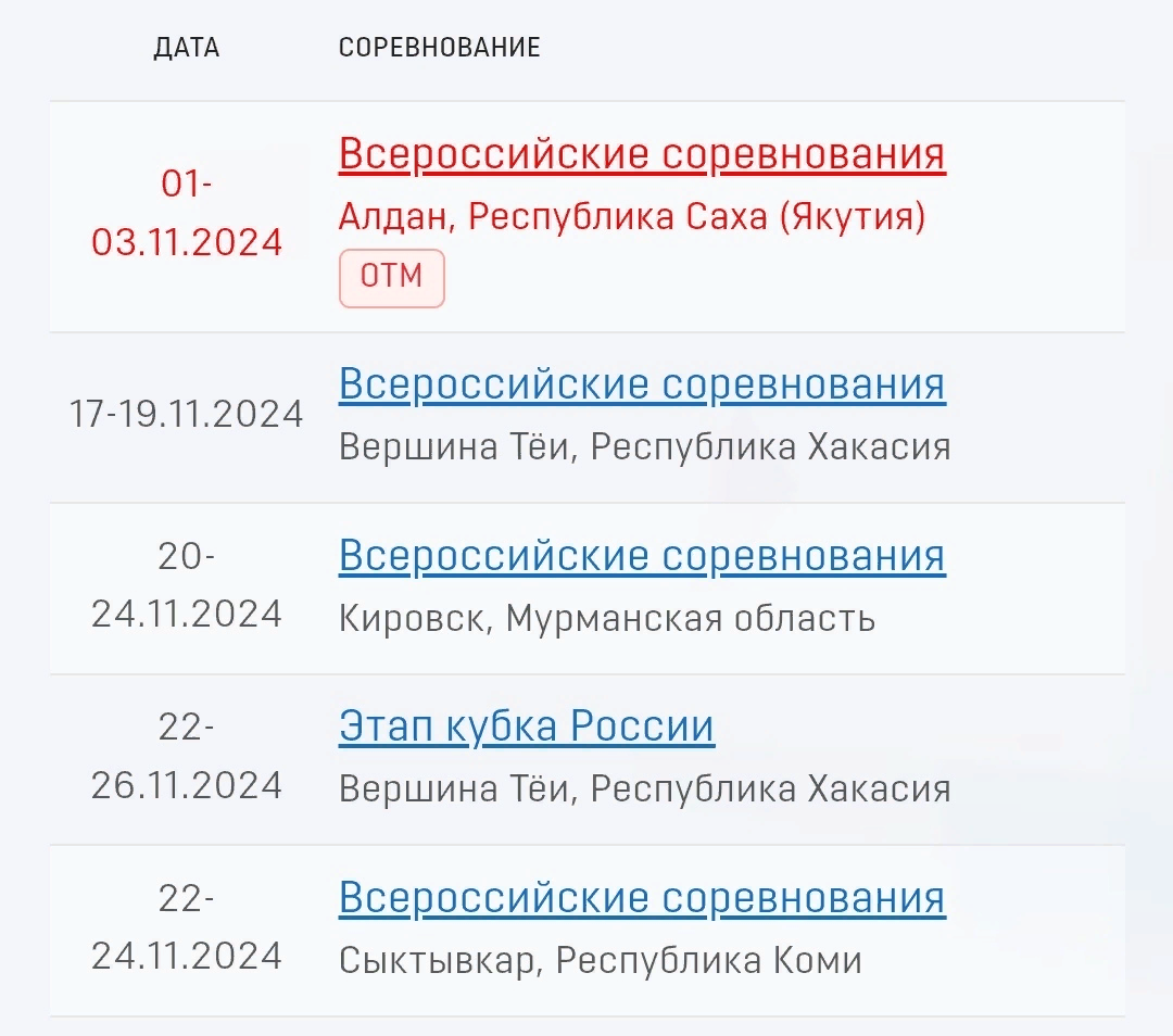Расписание стартов в ноябре