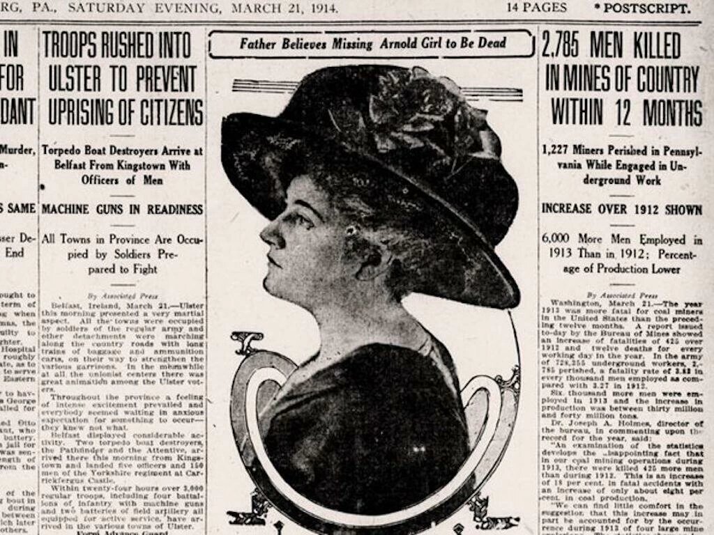 Газетная статья от 21 марта 1914 года, в которой обсуждается исчезновение