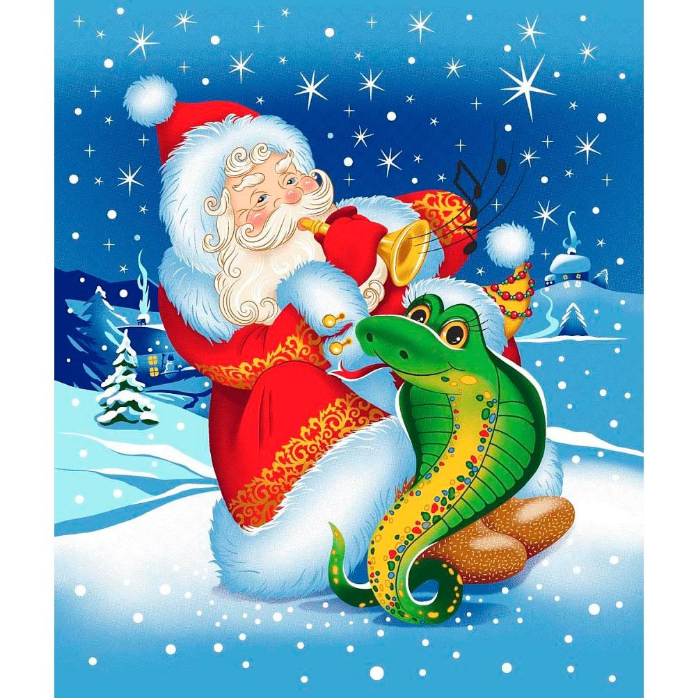 ткань с новогодним узором Дед Мороз Змея