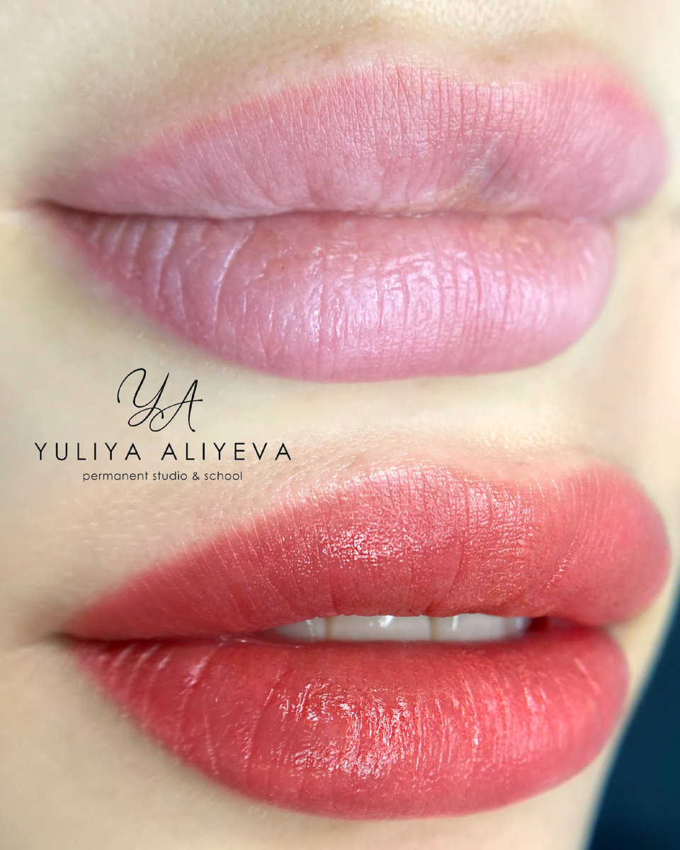 На фото – обновление перманентного макияжа губ в технике Natural Lips, до и сразу после процедуры