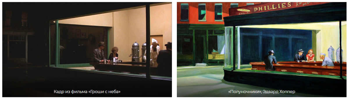 Слева - «Гроши с небес», Герберт Росс. Справа - «Полуночники», Эдвард Хоппер