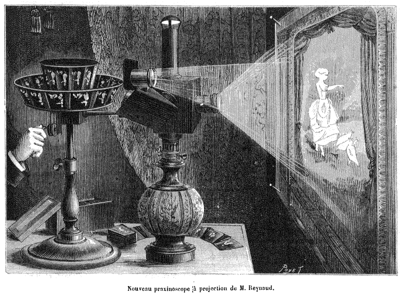     Изобретение Эмиля Рейно: проекционный праксиноскоп, 1880 г., наложение анимированной фигуры на отдельно проецируемую фоновую сцену / Public domain
