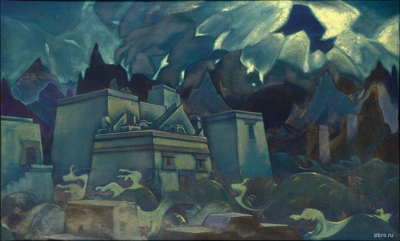 Н.К. Рерих. ГИБЕЛЬ АТЛАНТИДЫ. 1929. В Учении Живой Этики говорится: «К сожалению, настоящее время совершенно соответствует последнему времени Атлантиды. Те же лжепророки, тот же лжеспаситель, те же войны, те же предательства и духовное одичание. У нас гордятся кроха-ми цивилизации, так же точно Атланты умели промчаться над планетою, чтобы скорее обмануть друг друга; так же осквернились храмы, и наука сделалась предметом спекуляции и раздора. То же самое происходило в строительстве, точно не дерзали строить прочно! Так же восставали против Иерархии и удушались собственным эгоизмом. Так же нарушали равновесие подземных сил и создали взаимными усилиями катастрофу. («Иерархия», § 145) «Среди судеб Атлантиды можно видеть, что предупреждения изливались, но безумцы не слышали» (Братство, § 524).