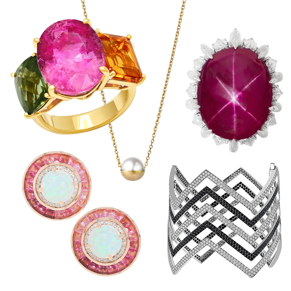По часовой стрелке слева направо: коктейльное кольцо с тремя камнями, 2018–19 гг .; ожерелье из жемчуга Акойя, 2018 г.; кольцо -купол с бирманским звездчатым рубином, 2019 г .; шевронный браслет из черных и белых бриллиантов, 2017 г .; серьги-гвоздики с розовым турмалином, эфиопским опалом и бриллиантами, 2021 г.