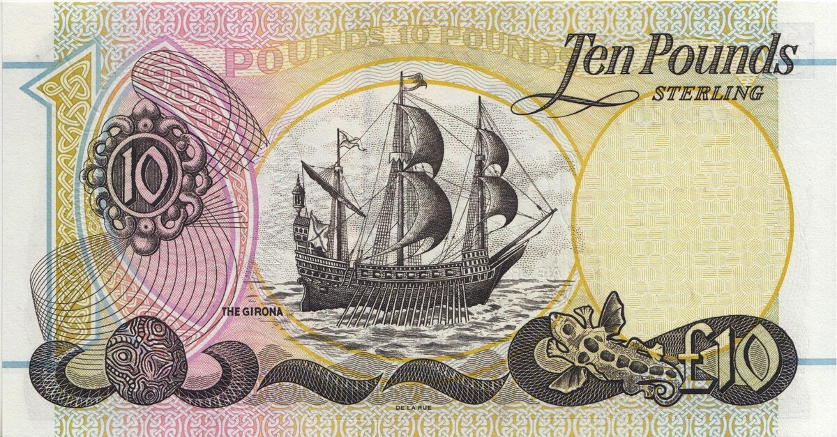 10 фунтов, банкнота Северной Ирландии, искомый корабль "Жирона"