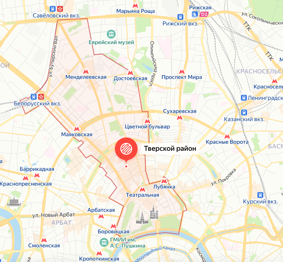 Границы Тверского района на карте современной Москвы. Яндекс.Карты.