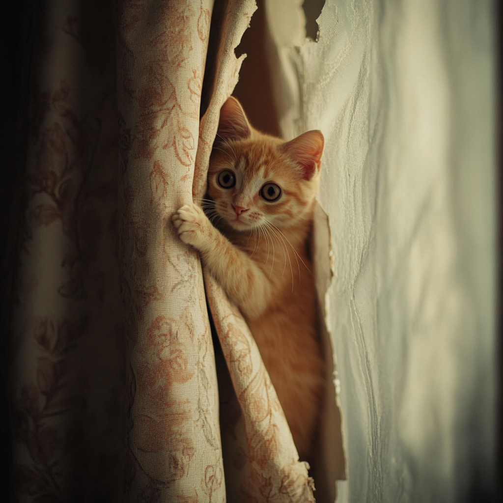 Рыжик очень любит повиснуть на шторах