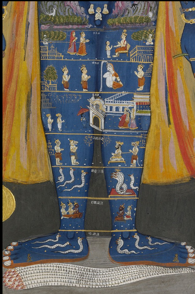 Нижняя часть Пуруши-Вселенной: опирающиеся на Шешу-змея (вечное время) ноги Вишну представляют Землю и шесть сфер Паталы