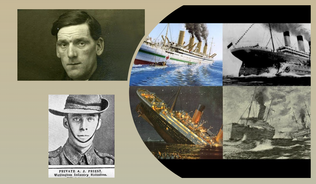 Артур Джон Прист на службе и в зрелом возрасте/Кадры с затоплением пассажирских судов. Источник: wikipedia.org