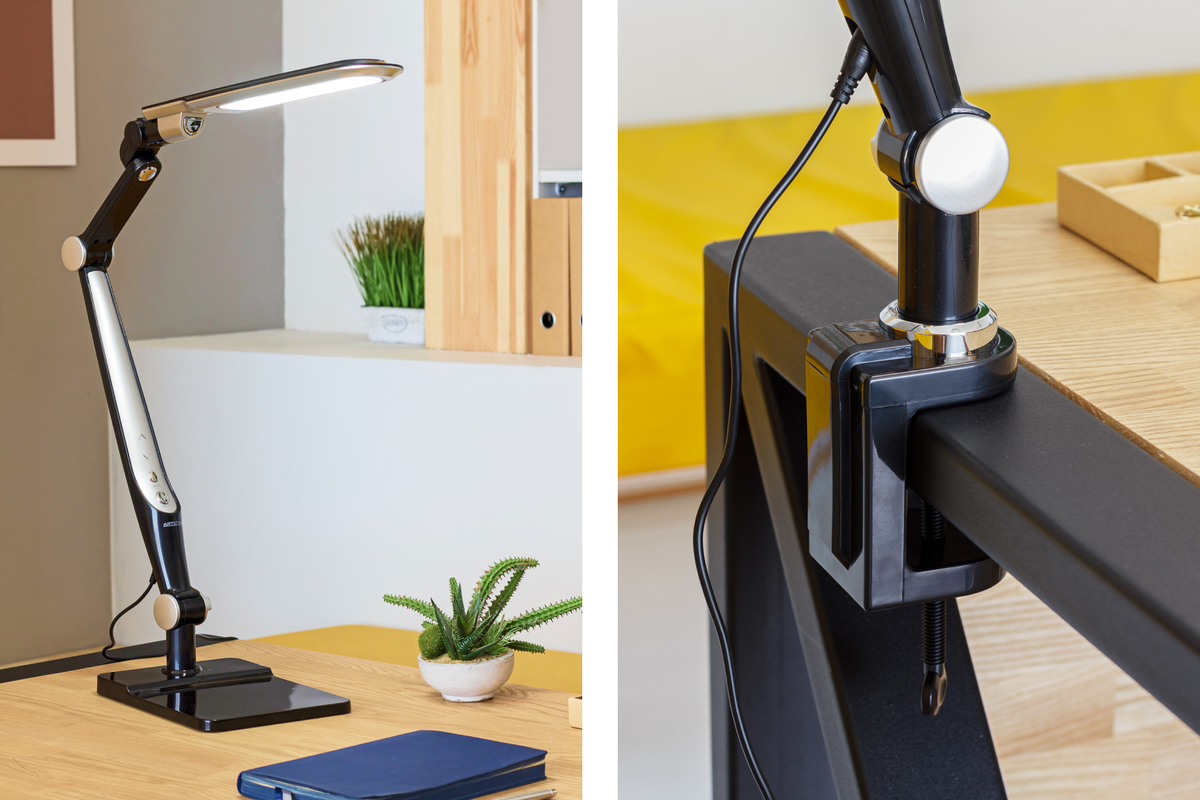 Модель TL-402B с двумя опциями крепления регулируется в шести плоскостях, изменяет яркость и температуру свечения. Код для поиска на сайте «Экспресс Офиса» — 749283. 