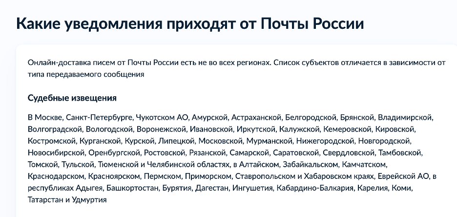 Список регионов, в которых доступна онлайн-доставка писем от Почты России. 