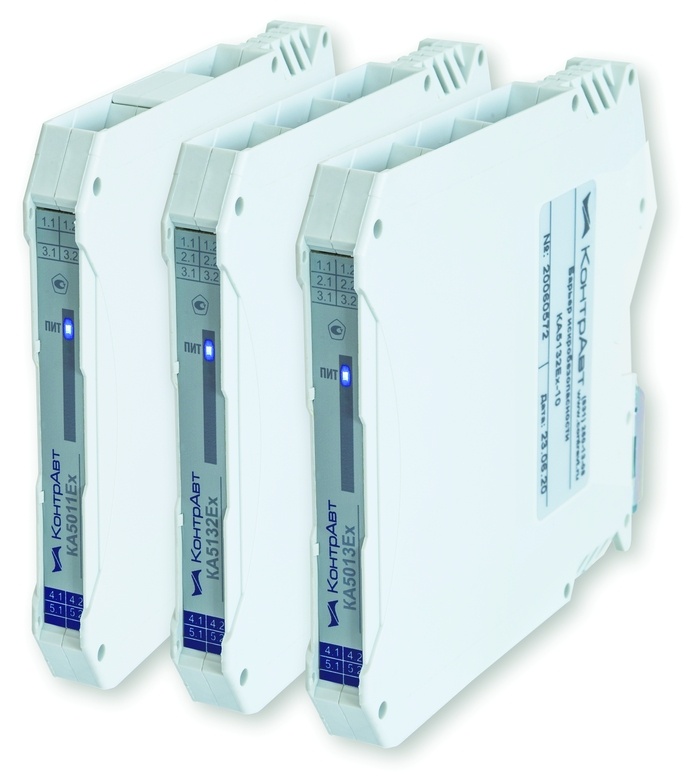 Общий вид барьеров искрозащиты KA5000Ex для работы с унифицированным сигналом тока 4...20 мА (на примере моделей KA5011Ex, KA5013Ex, KA5132Ex)