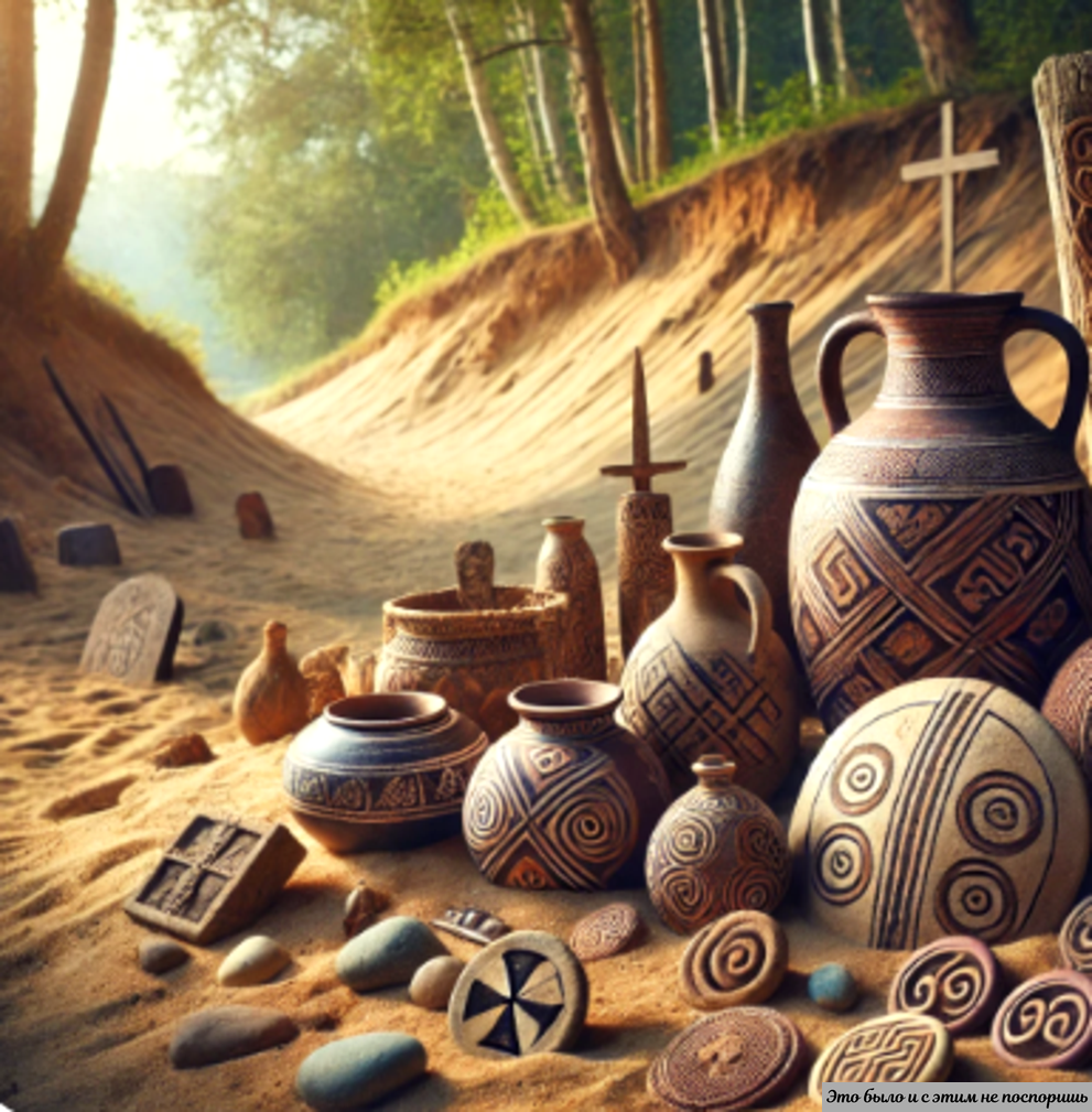 Археологический сайт с артефактами, такими как горшки с загадочными символами и рунами. 