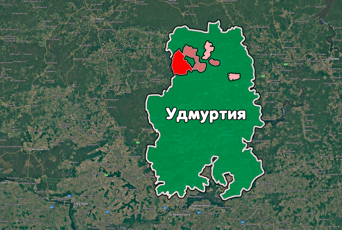 Муниципальные образования Удмуртии, где преимущественно проживают бесермяне (выделены красным)