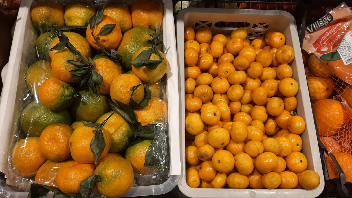 В магазине: обычные мандарины и мини