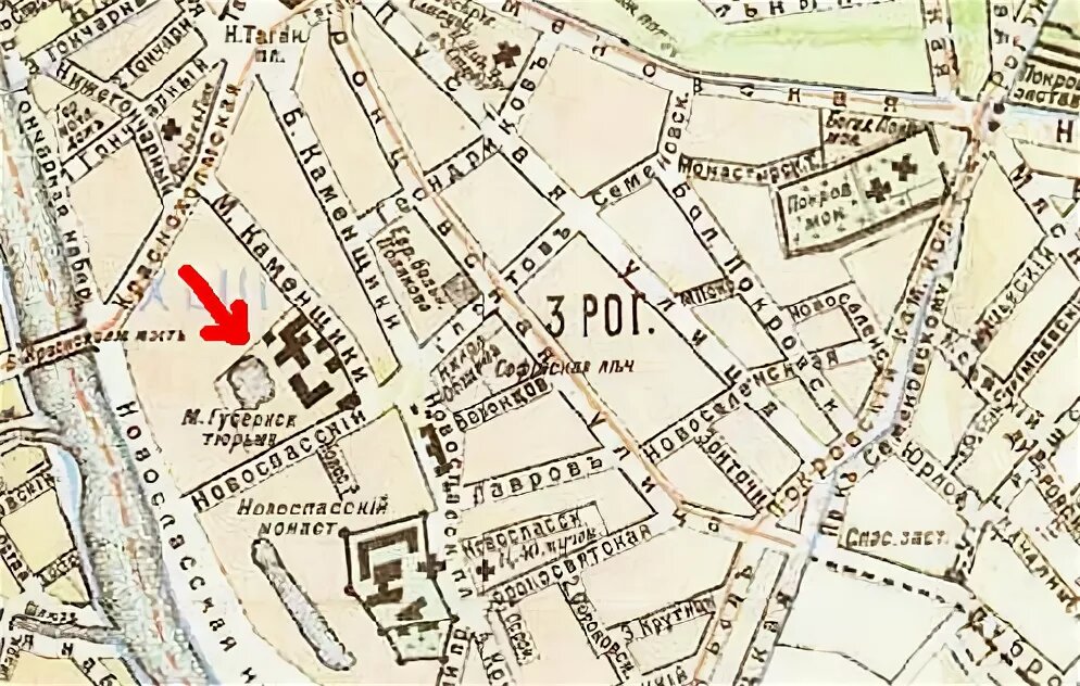 Карта Москвы, стрелочкой Московская Губернская тюрьма