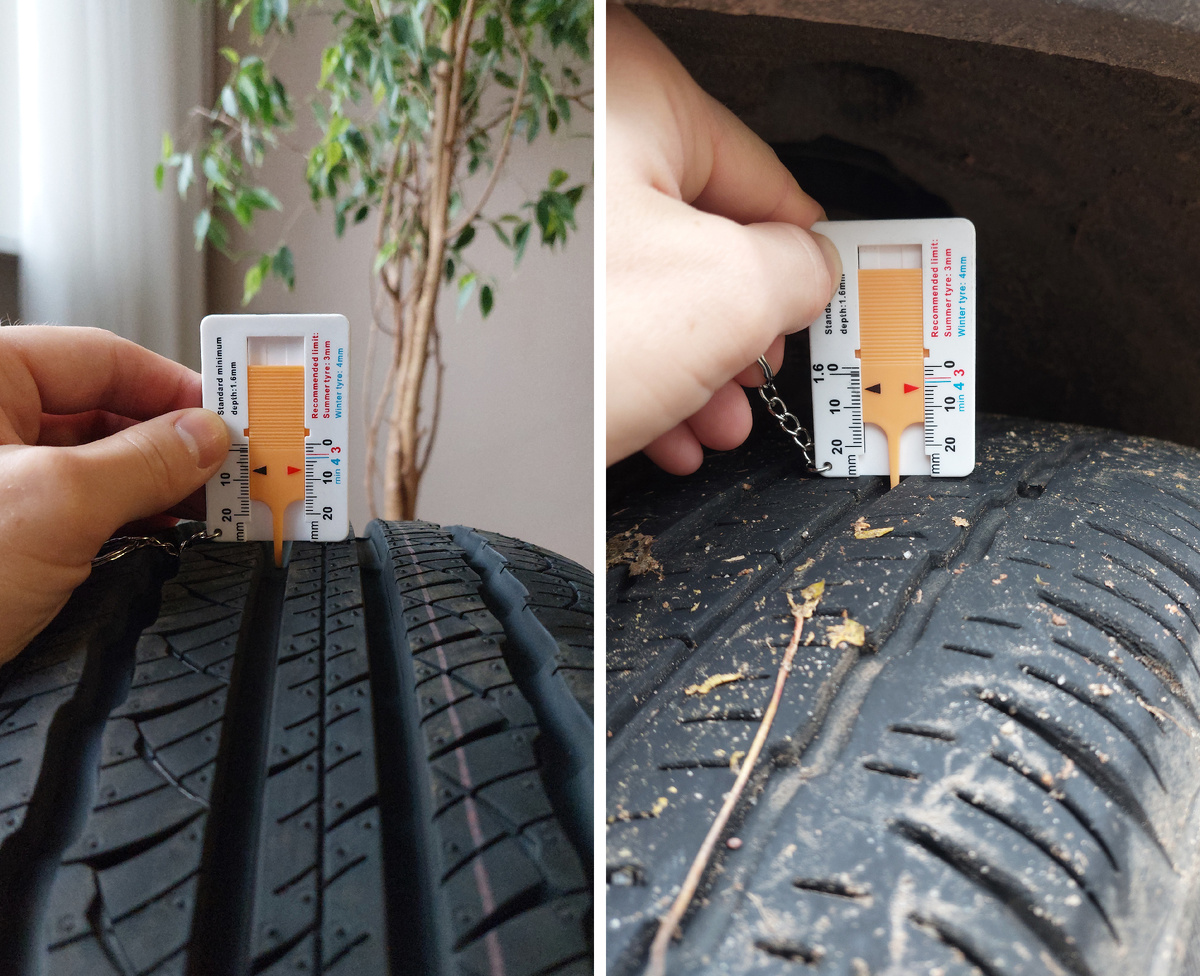 На фото, слева новый баллон Triangle TR259 (2024г.) - резина моего друга. На фото, справа тот же Triangle TR259, но 2023г. с пробегом чуть более 26.000 км, установленный на мой Skoda Kodiaq. Как видно из замеров, за указанный пробег резина потеряла около 2-х миллиметров протектора. 