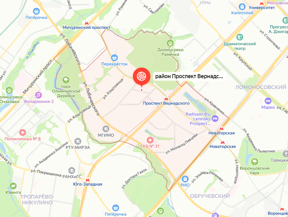 Район Проспект Вернадского на карте Москвы. Яндекс.Карты.